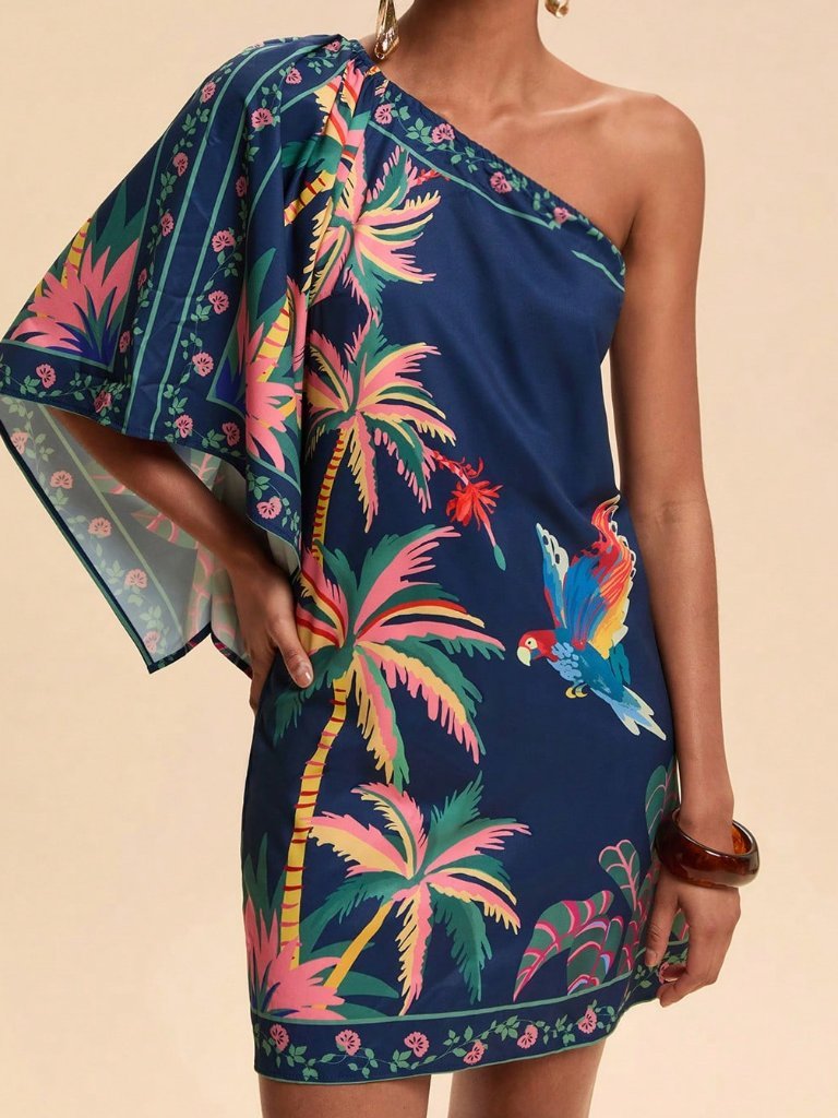 Blue Boho Women's Asymmetrical Shoulder Mini Dress With Tropical Print